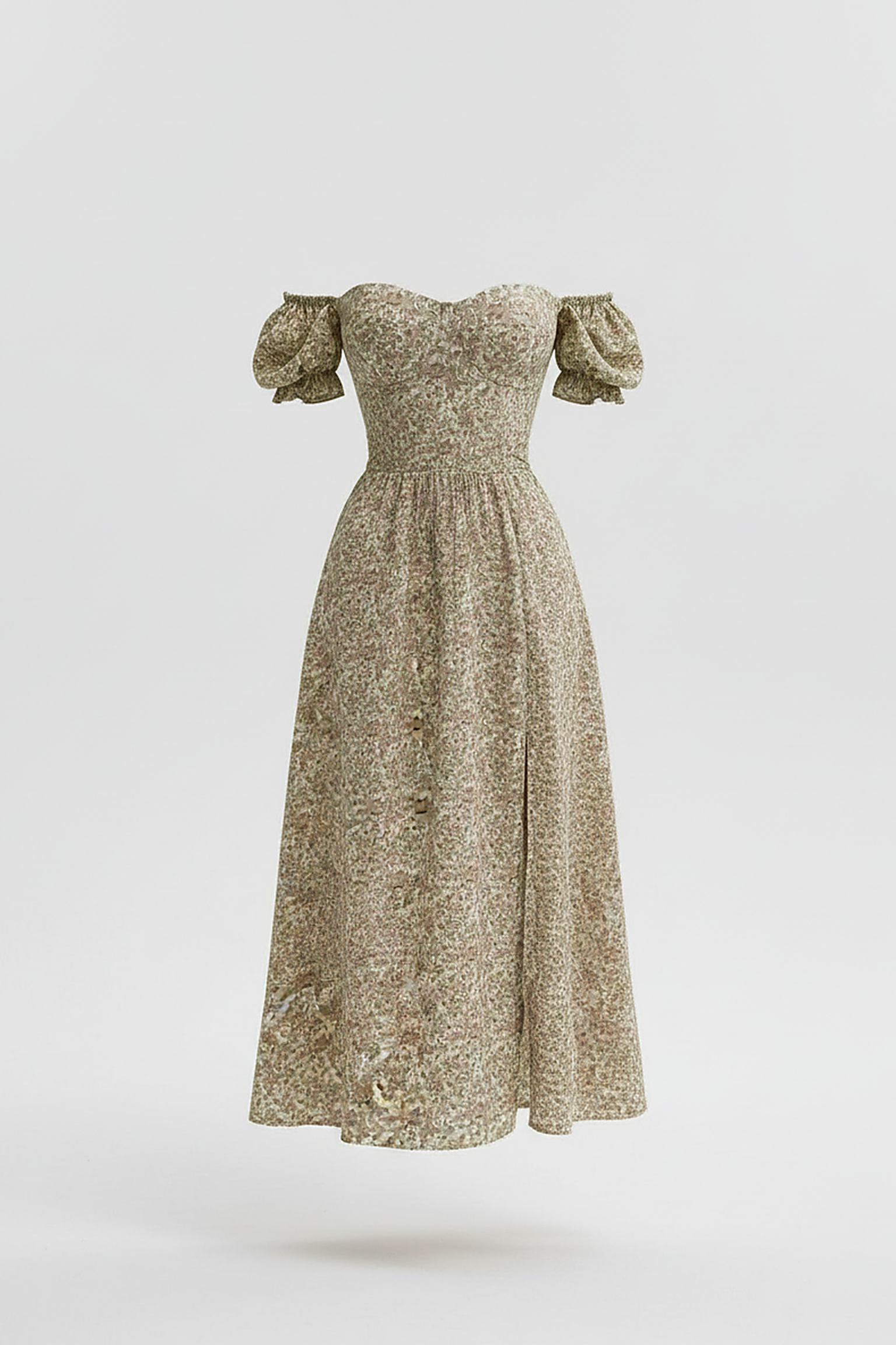 Floral off-shoulder maxi dress front view on model.