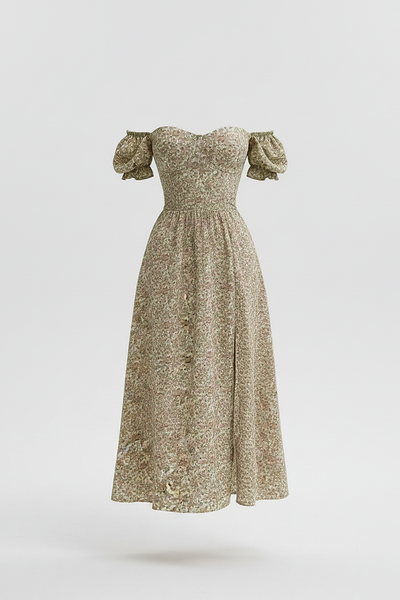 Floral off-shoulder maxi dress front view on model.