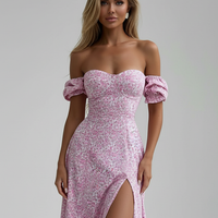 Floral off-shoulder maxi dress front view on model.