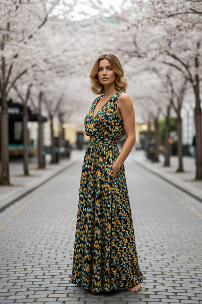 Printed V-Neck Maxi Dress - Thorne & Ivy