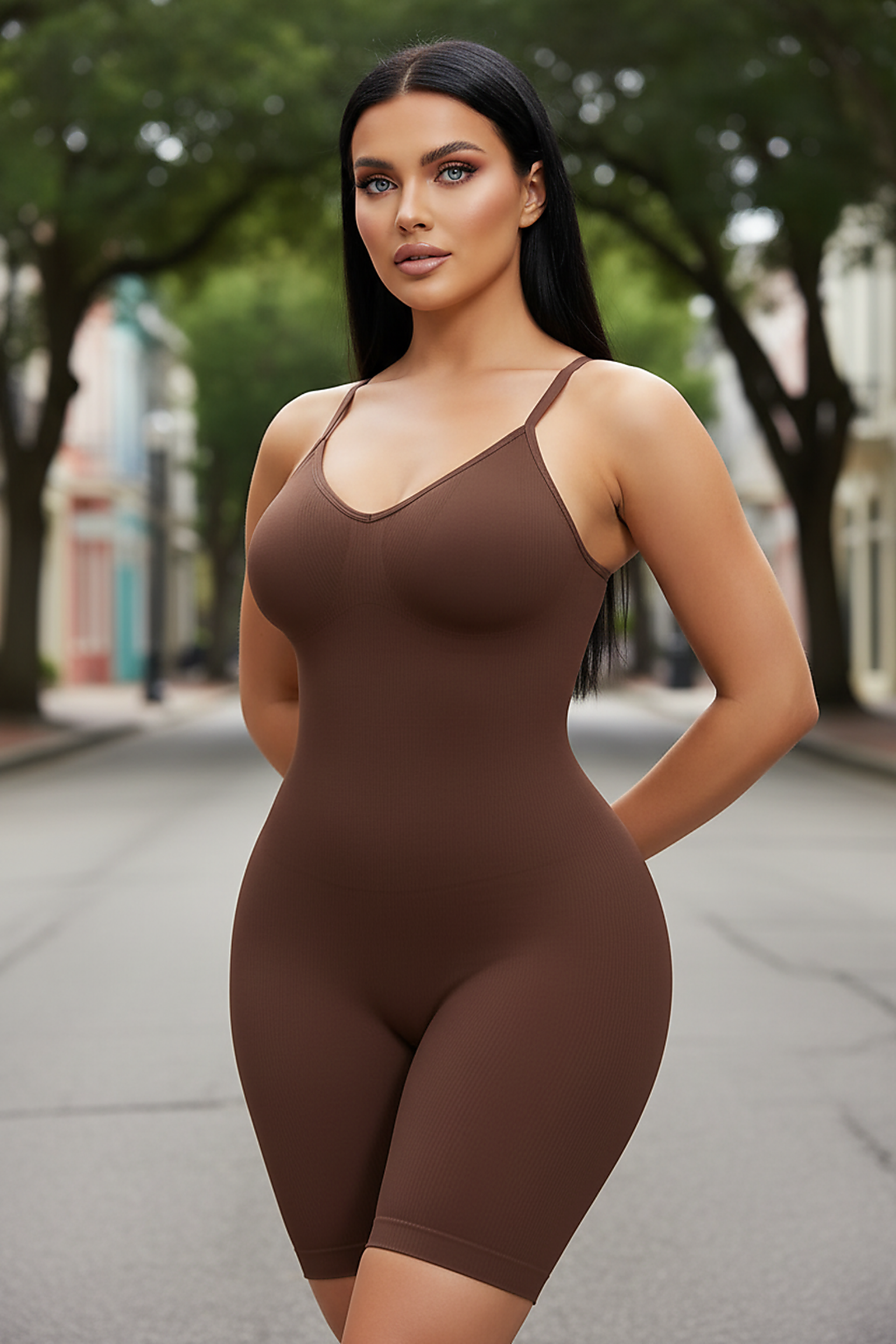 Black bodysuit shaper, outdoor lifestyle view on model.