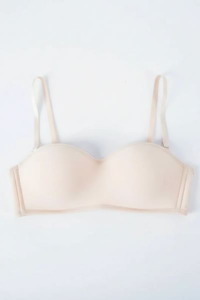 Seamless strapless half-cup bralette, back view on model.