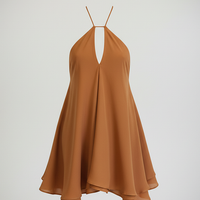 Off-shoulder ruffle halter backless A-line mini dress, on model.