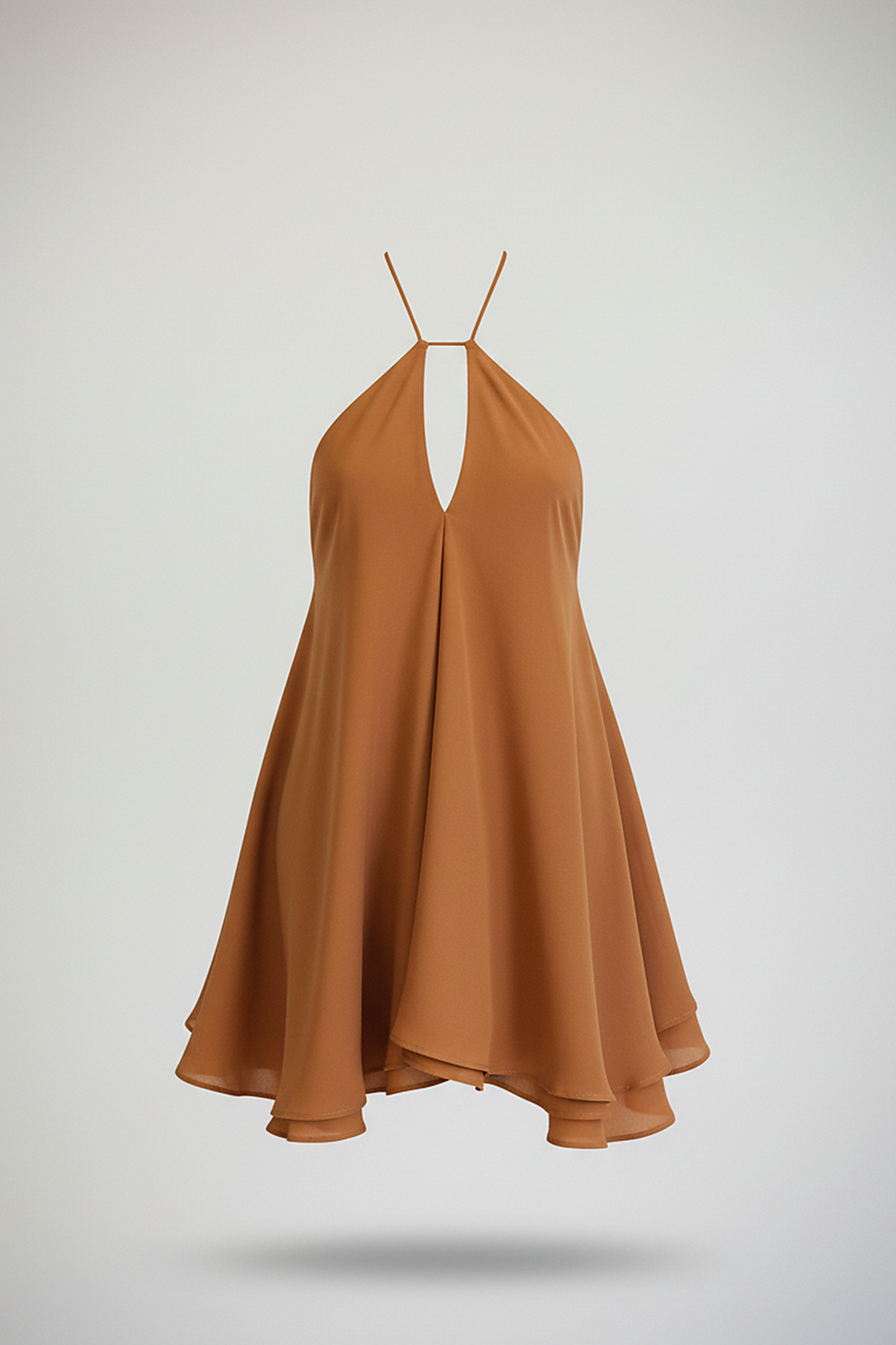 Off-shoulder ruffle halter backless A-line mini dress, on model.