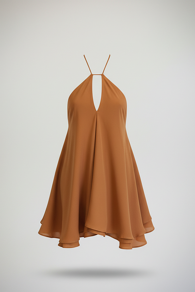 Off-shoulder ruffle halter backless A-line mini dress, on model.