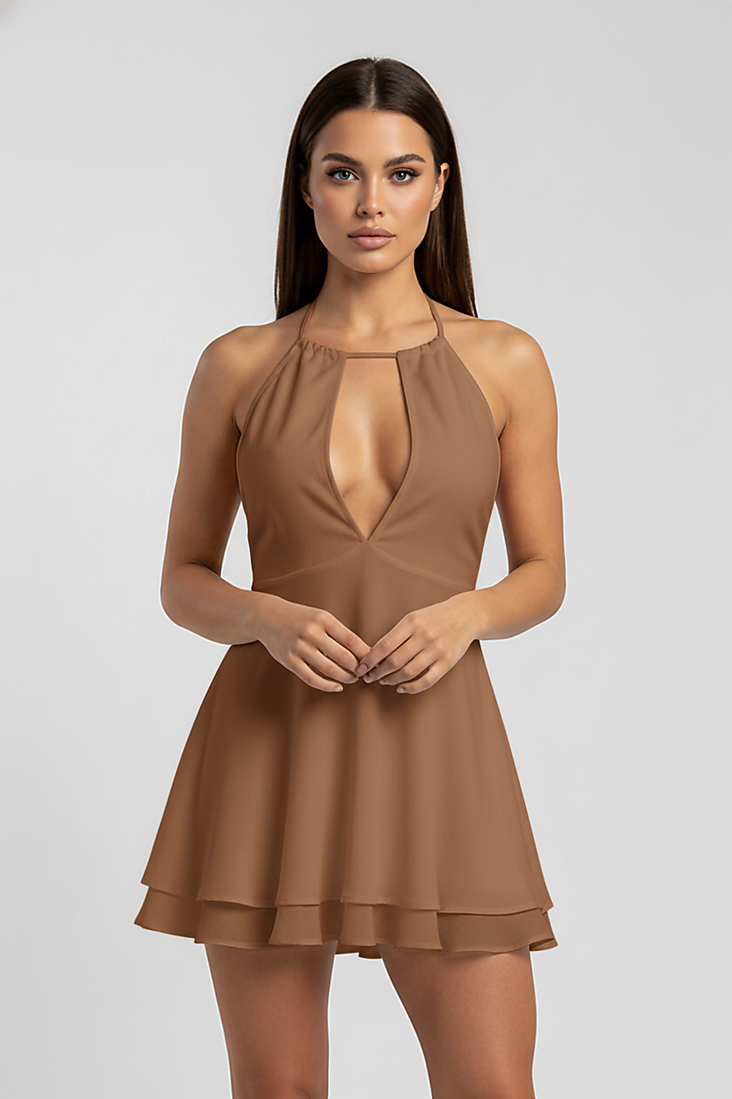 Off-shoulder ruffle mini dress with halter neck, on model.
