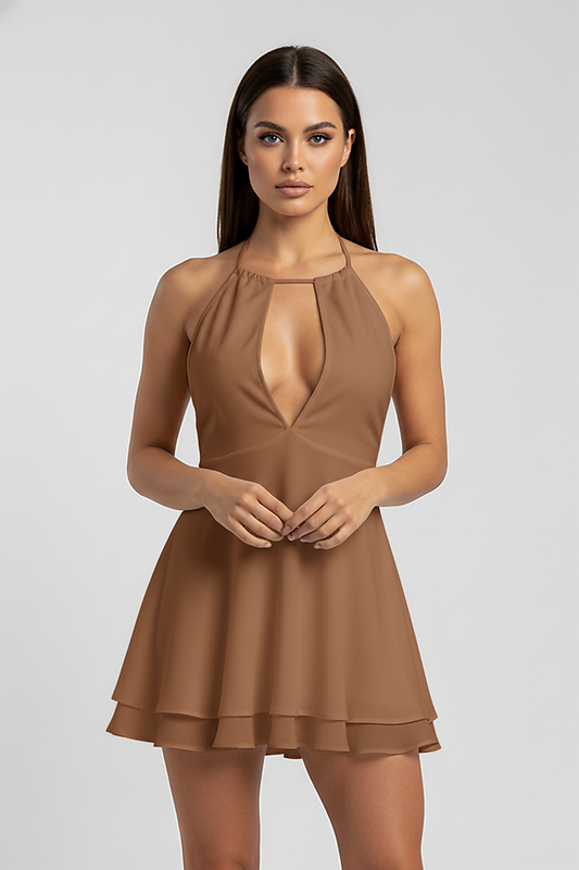 Off-shoulder ruffle mini dress with halter neck, on model.