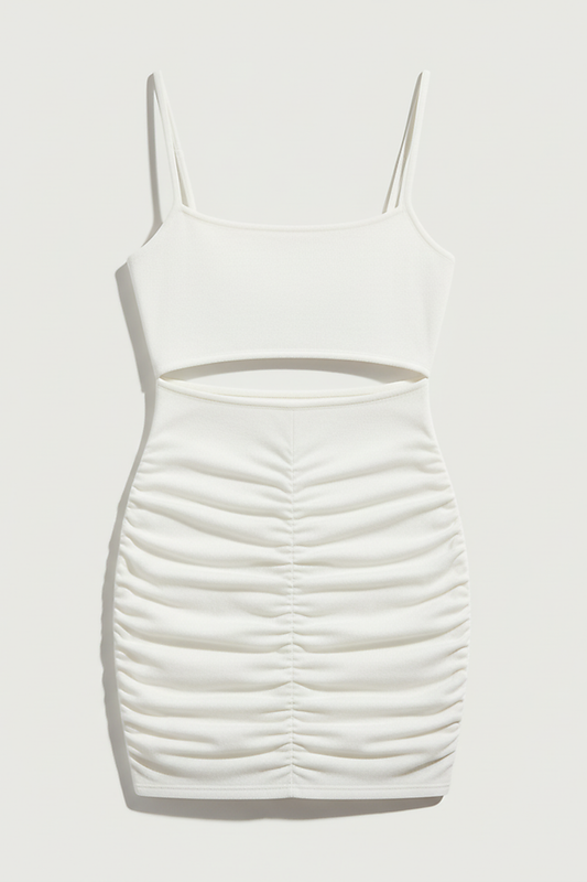 White spaghetti strap backless mini dress, evening style, on model.