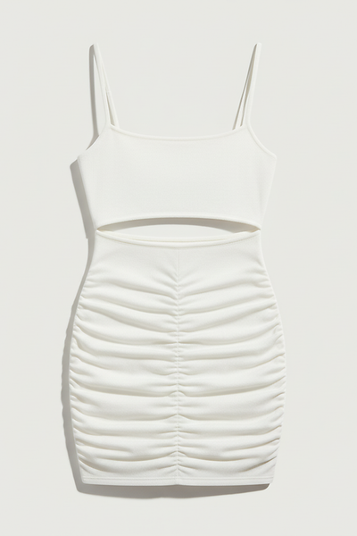 White spaghetti strap backless mini dress, evening style, on model.