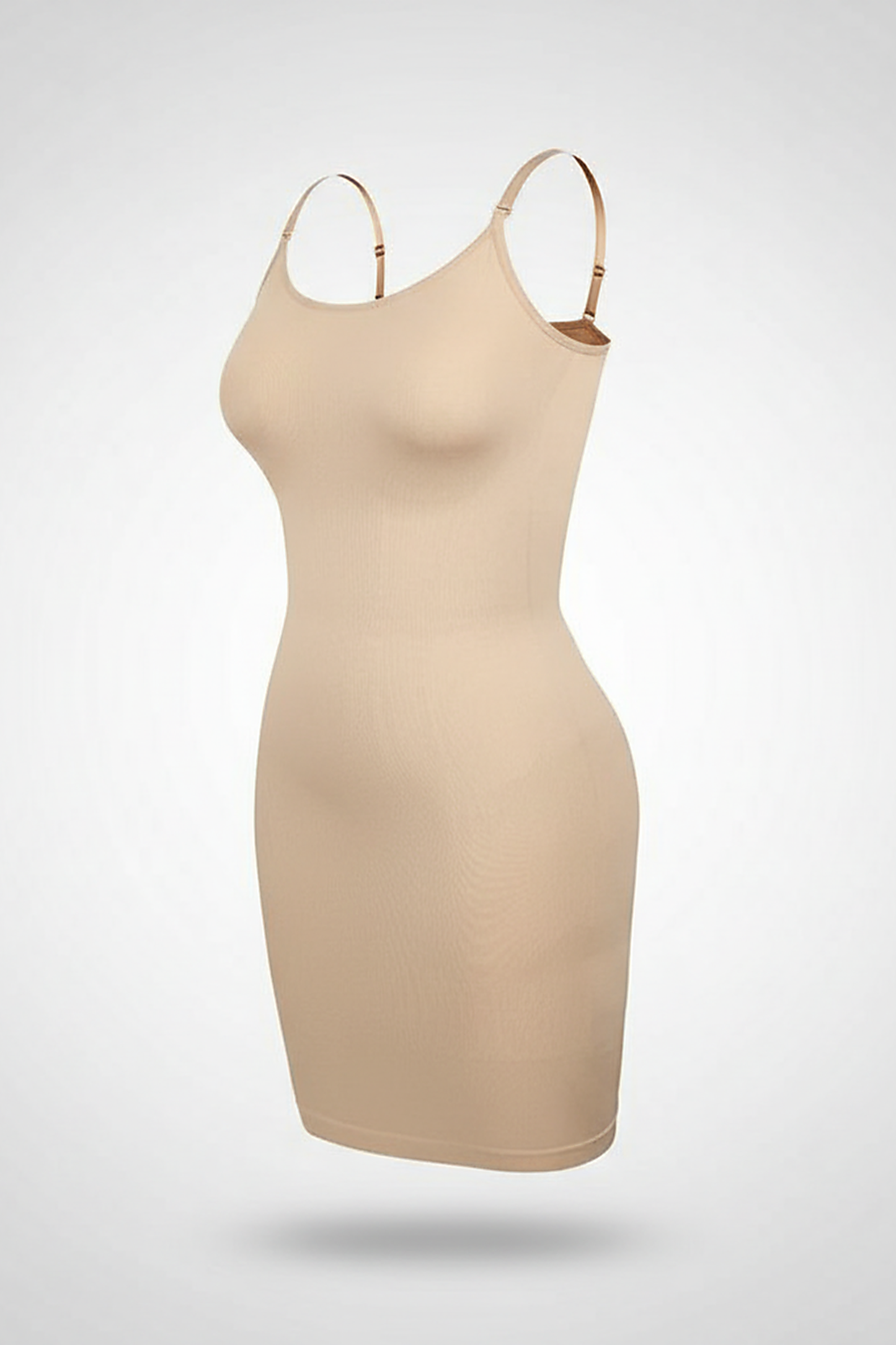 Nude shapewear full slip, close-up fabric detail.