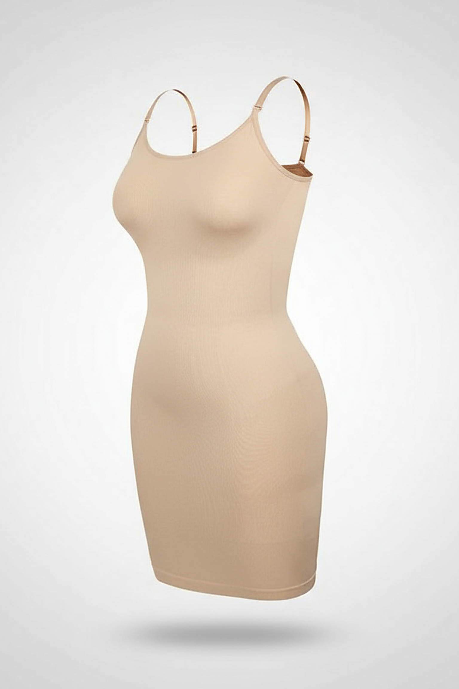 Nude shapewear full slip, close-up fabric detail.