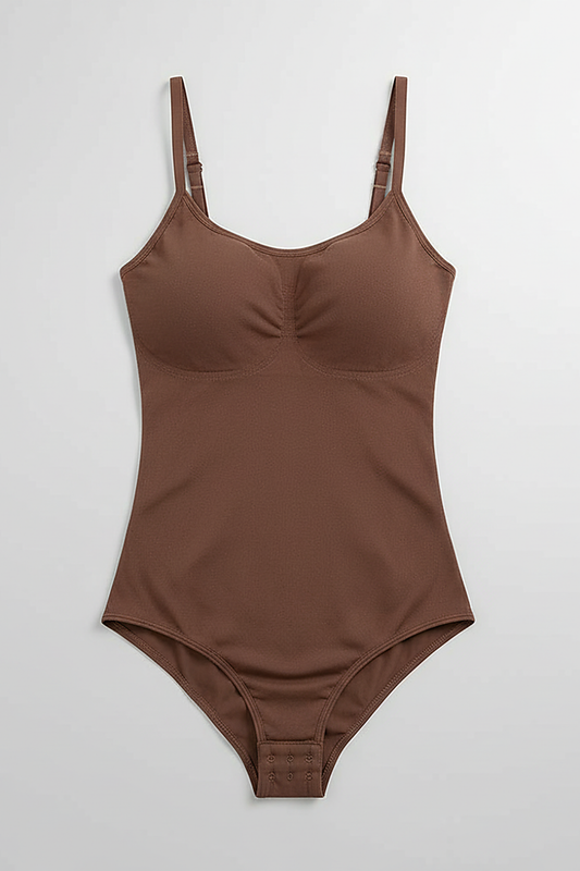 Women's seamless slimming bodysuit, alternate view on model.