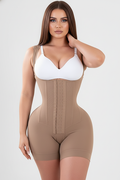 Nude tummy control body sculpting faja, side view on model.