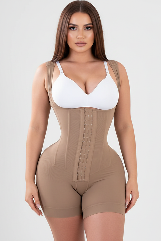 Black tummy control body sculpting faja, front view on model.