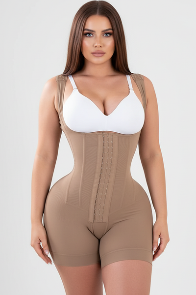 Black tummy control body sculpting faja, front view on model.