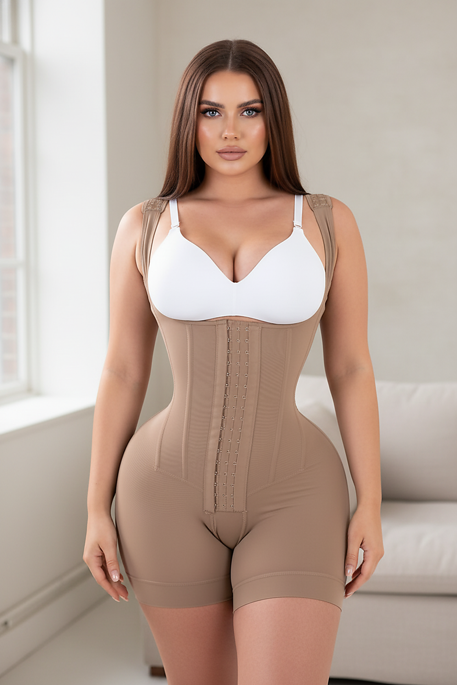 Nude tummy control post-lipo faja shaper, indoor lifestyle view on model.