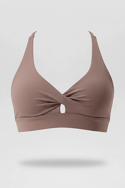 Sports bra with crease and cross back, back view.