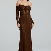 Off-shoulder lace-up flared-sleeve long dress, front view on model.