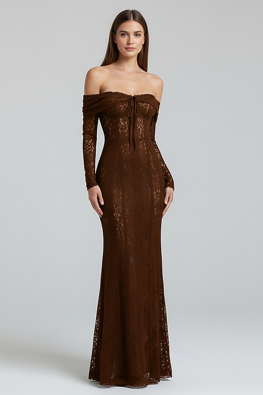 Off-shoulder lace-up flared-sleeve long dress, front view on model.