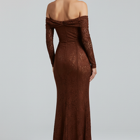 Off-shoulder lace-up flared-sleeve long dress, front view on model.