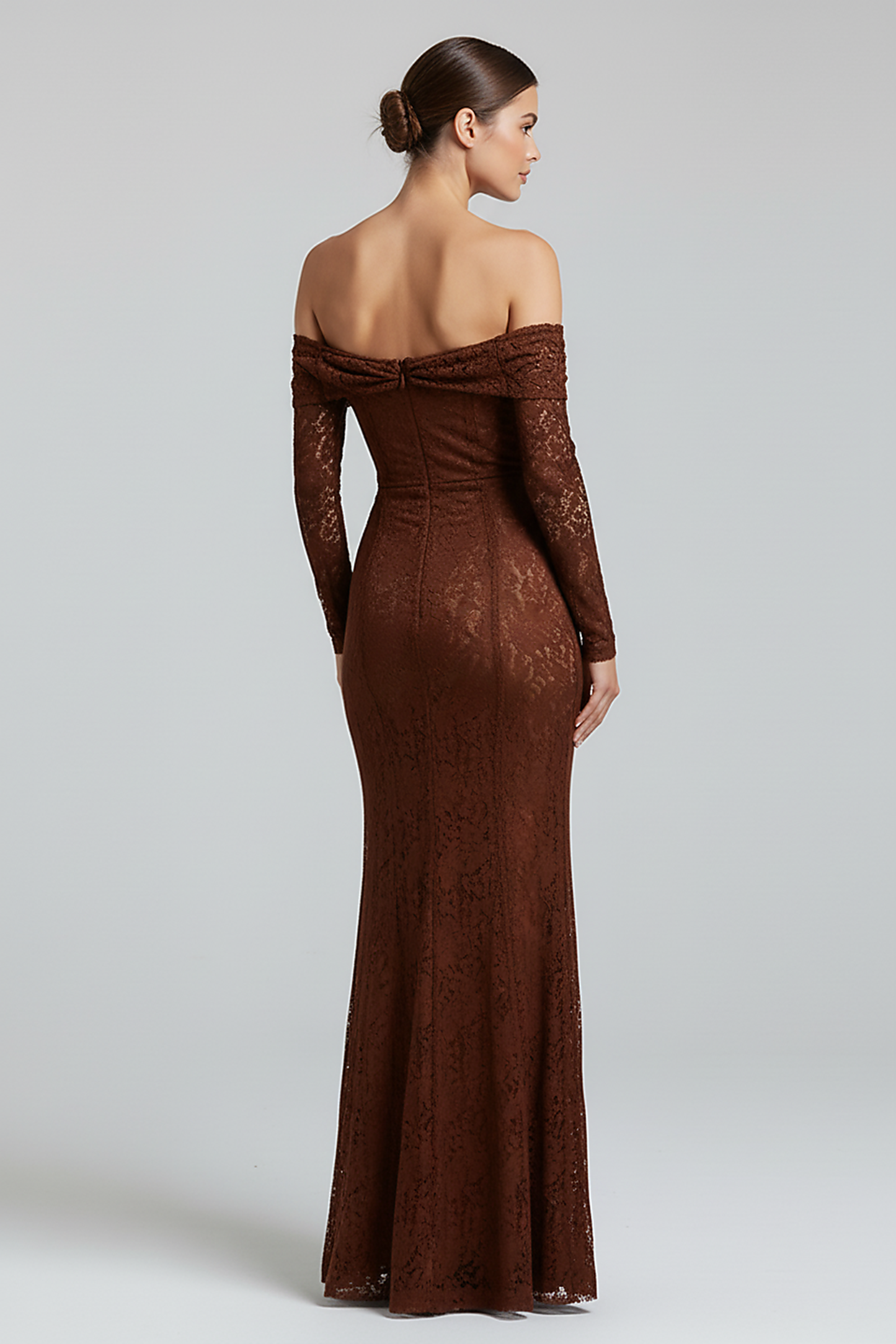 Off-shoulder lace-up flared-sleeve long dress, front view on model.