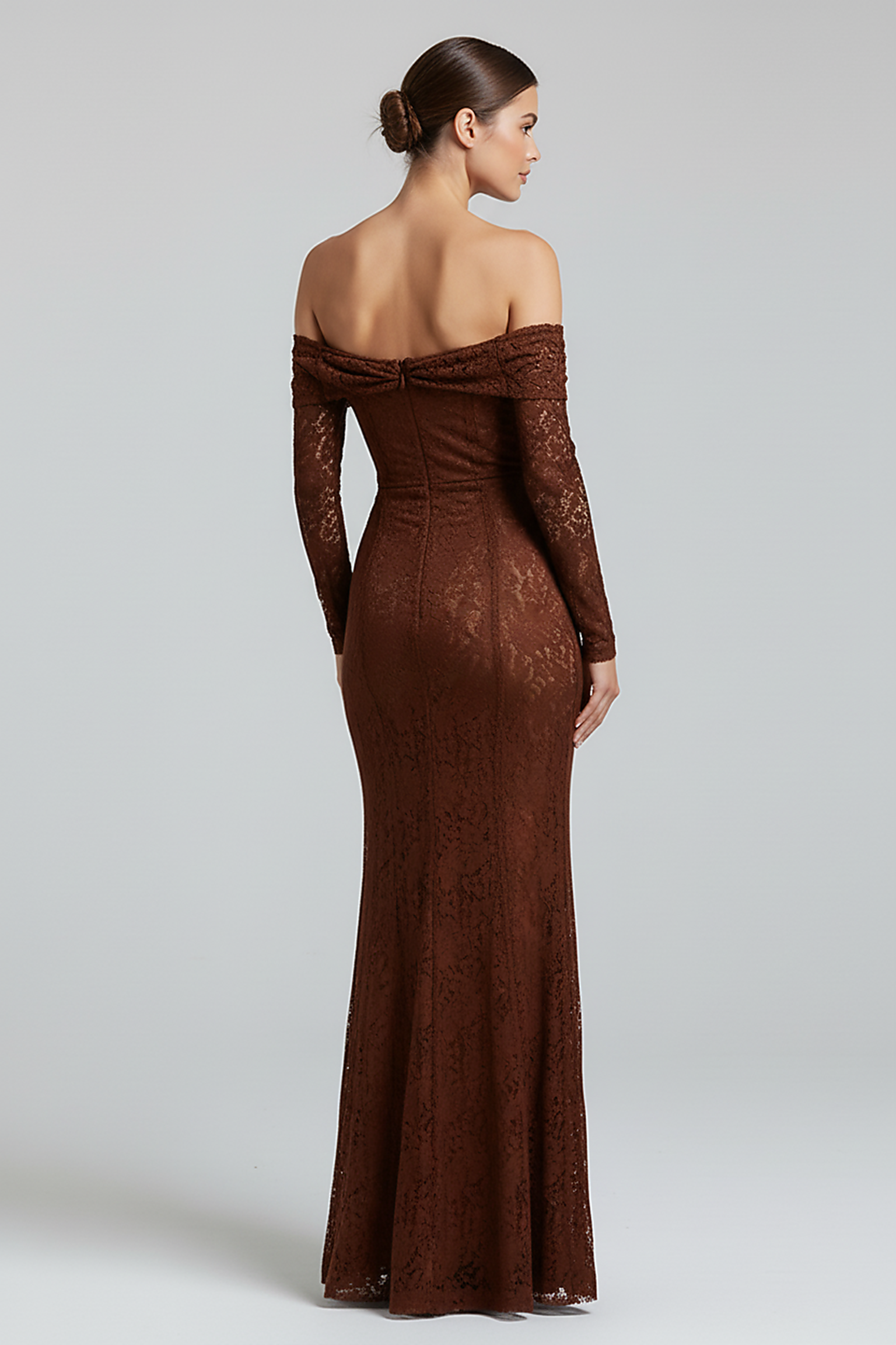 Off-shoulder lace-up flared-sleeve long dress, front view on model.