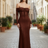 Off-shoulder lace-up flared-sleeve long dress, back view on model.