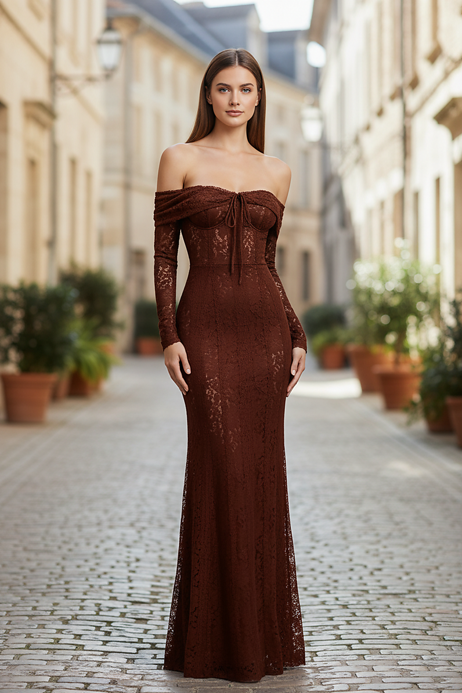 Off-shoulder lace-up flared-sleeve long dress, back view on model.