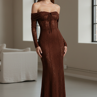 Off-shoulder lace-up flared-sleeve long dress, side view on model.