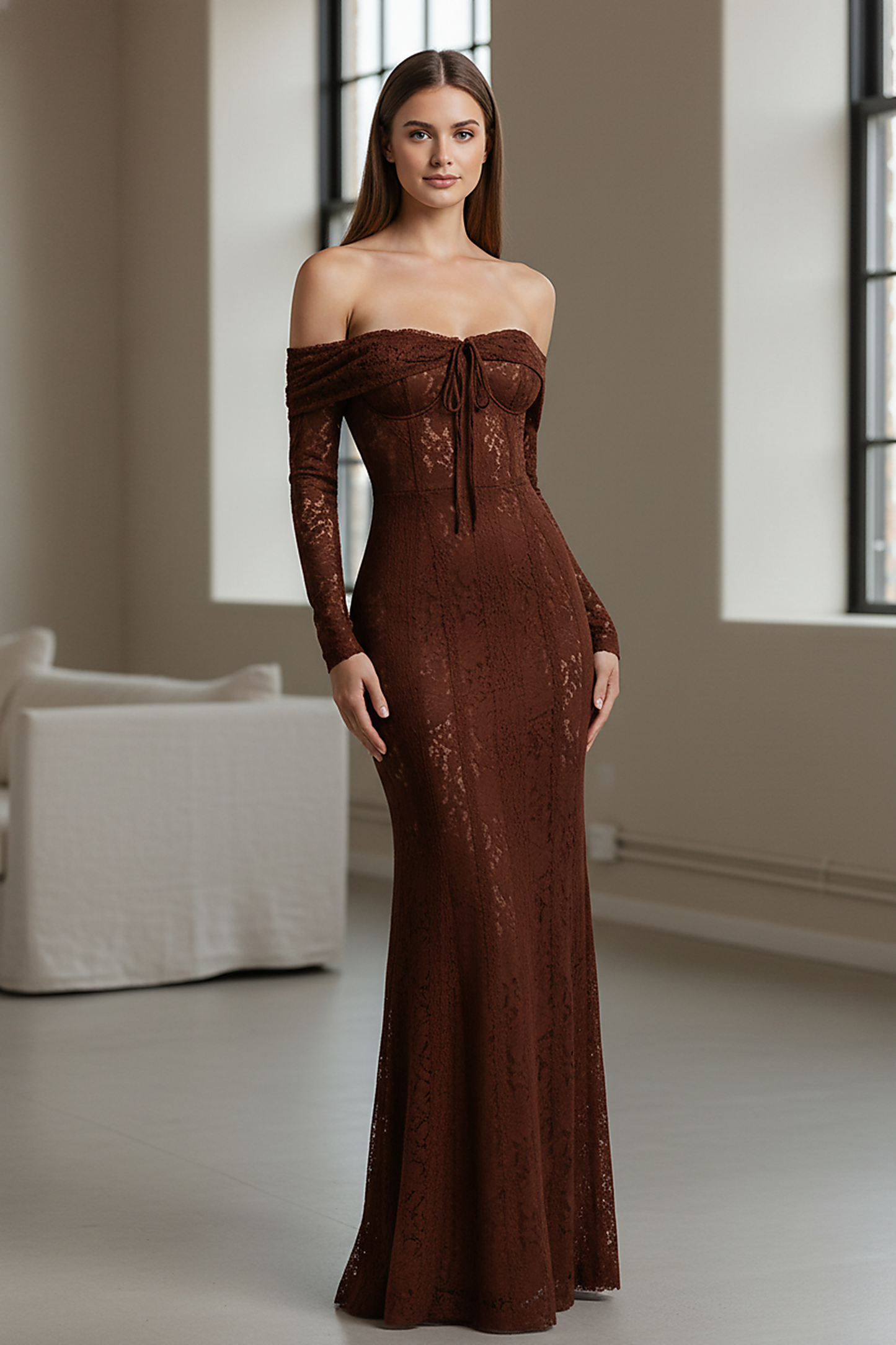 Off-shoulder lace-up flared-sleeve long dress, side view on model.