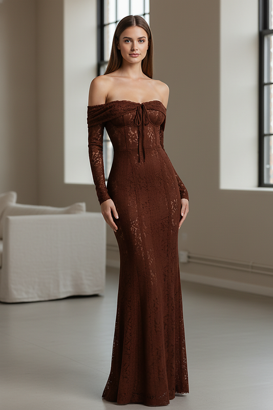 Off-shoulder lace-up flared-sleeve long dress, side view on model.