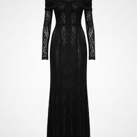 Off-shoulder lace-up flared-sleeve long dress, fabric detail.