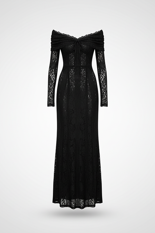 Off-shoulder lace-up flared-sleeve long dress, fabric detail.