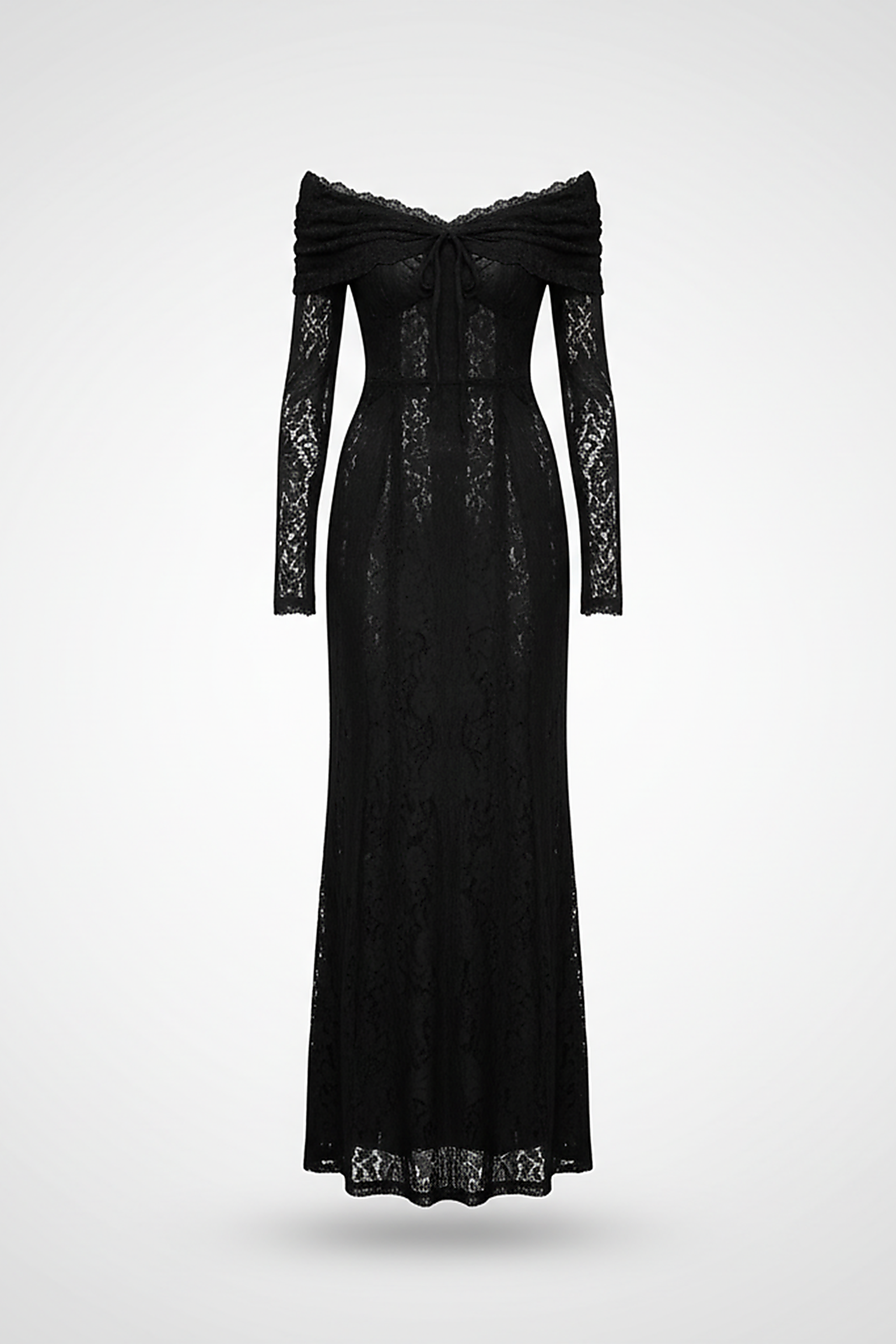 Off-shoulder lace-up flared-sleeve long dress, fabric detail.