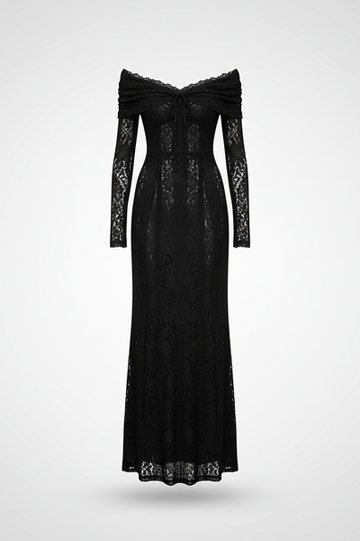 Off-shoulder lace-up flared-sleeve long dress, fabric detail.