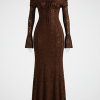 Off-shoulder lace-up flared-sleeve long dress, sleeve detail.