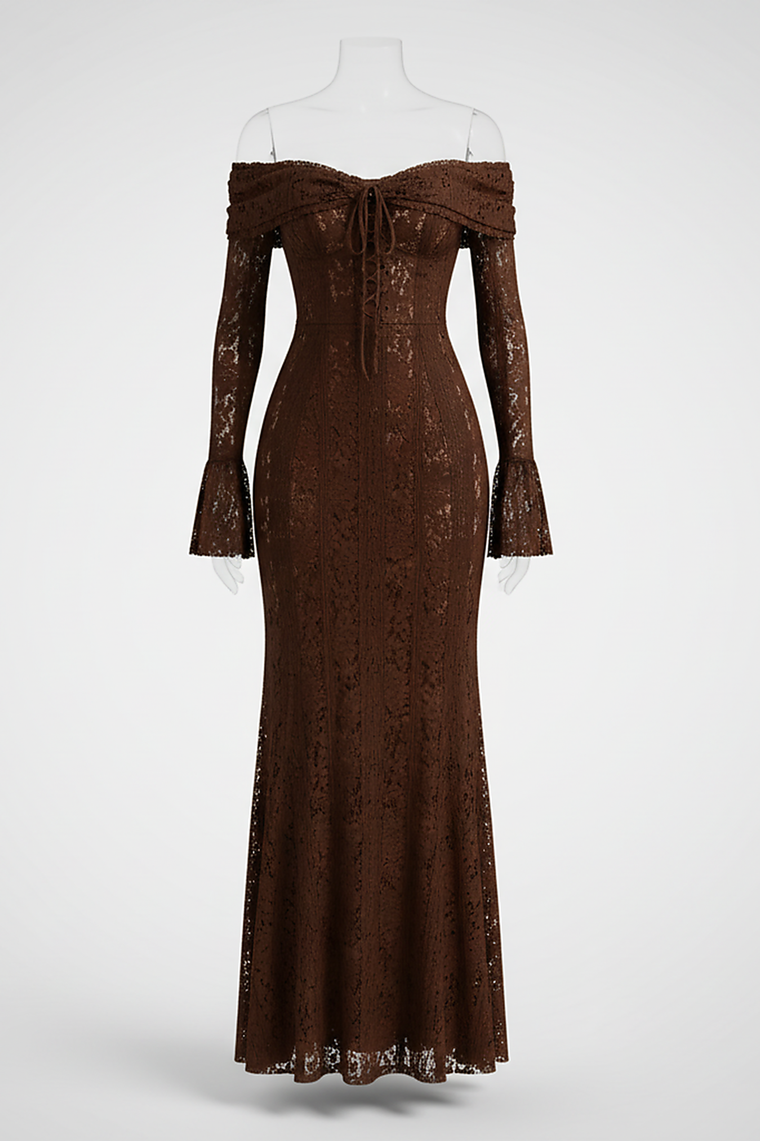 Off-shoulder lace-up flared-sleeve long dress, sleeve detail.