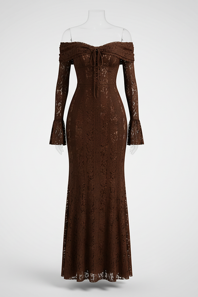 Off-shoulder lace-up flared-sleeve long dress, sleeve detail.