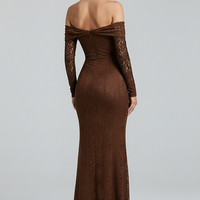 Off-shoulder lace-up flared-sleeve long dress, neckline detail.