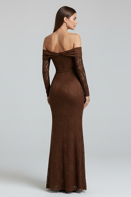 Off-shoulder lace-up flared-sleeve long dress, neckline detail.