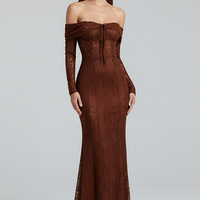 Off-shoulder lace-up flared-sleeve long dress, front view on model.