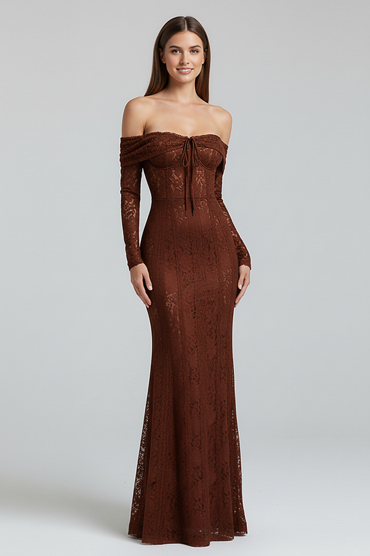 Off-shoulder lace-up flared-sleeve long dress, front view on model.