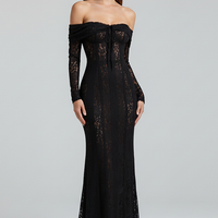 Off-shoulder lace-up flared-sleeve long dress, front view on model.