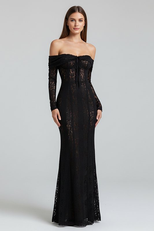 Off-shoulder lace-up flared-sleeve long dress, front view on model.