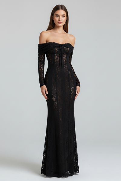 Off-shoulder lace-up flared-sleeve long dress, front view on model.