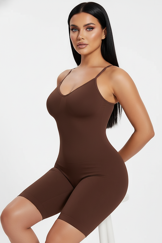 Black full-body shaper with butt lifter, alternate angle on model.