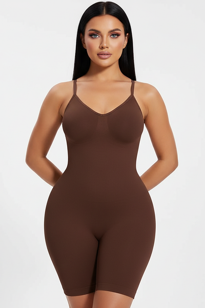 Nude full-body shapewear shorts, front view on model.