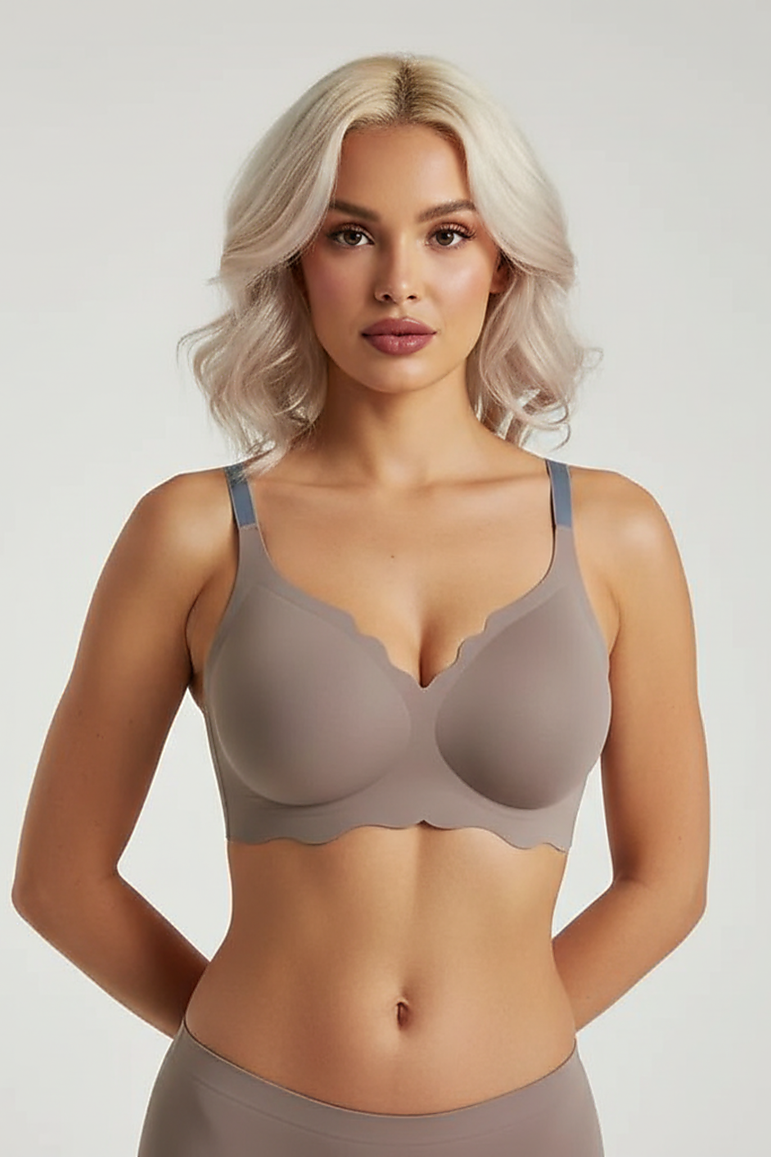 Women's smooth bra, thin section, front view on model.