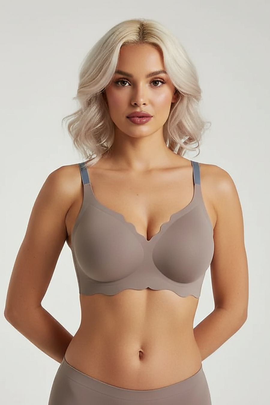 Women's smooth bra, thin section, front view on model.
