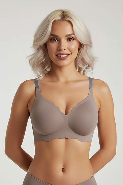 Women's smooth bra, thin section, side view on model.